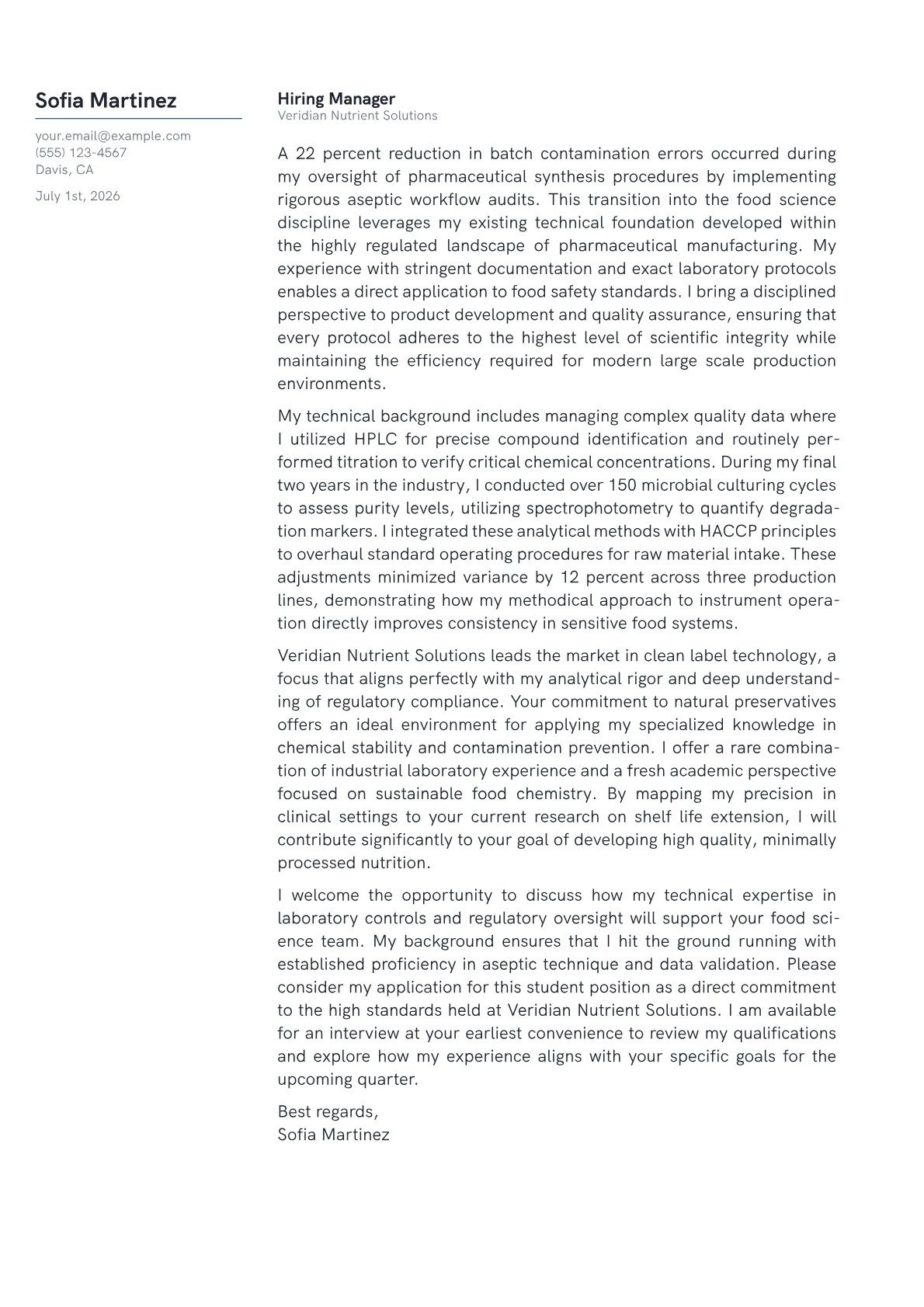 Food Science Student cover letter in the Margin design