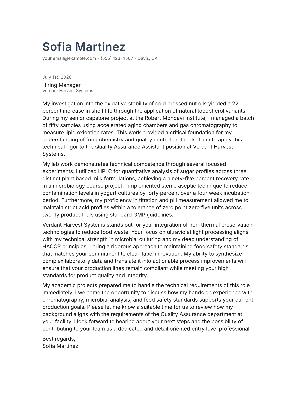 Food Science Student cover letter in the Minimal design