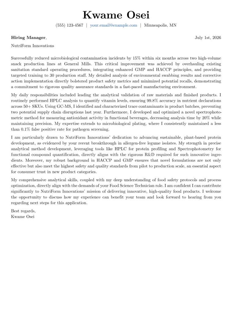 Food Science Technician cover letter example preview