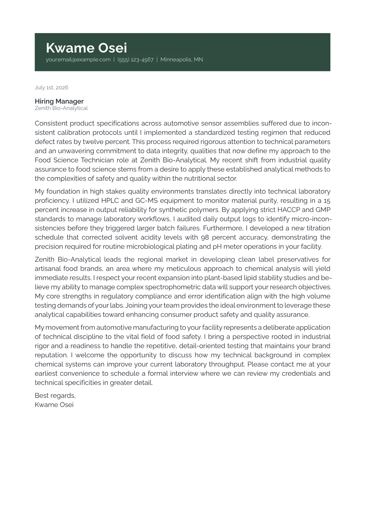 Food Science Technician cover letter in the Banner design