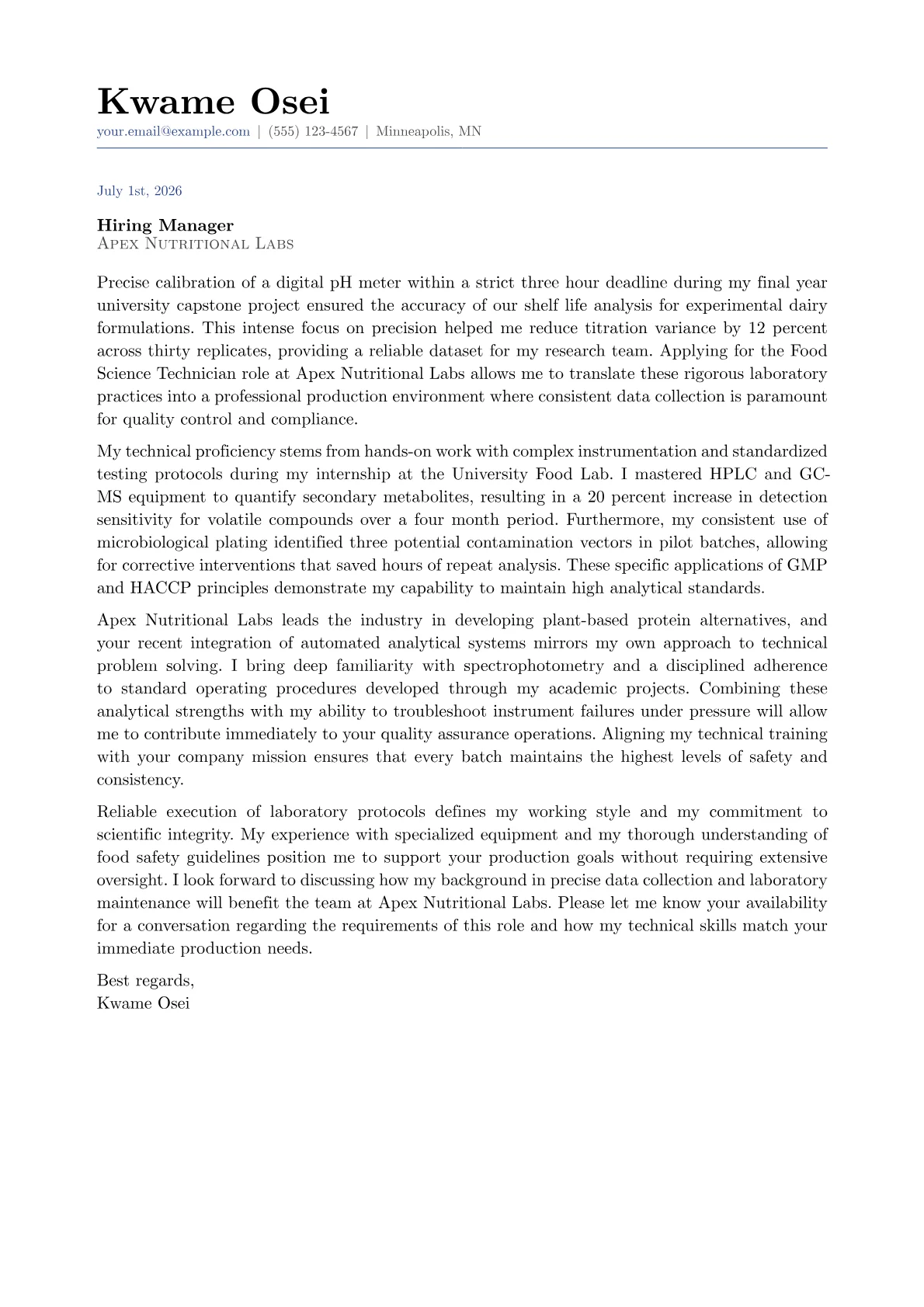 Food Science Technician cover letter in the Classic design