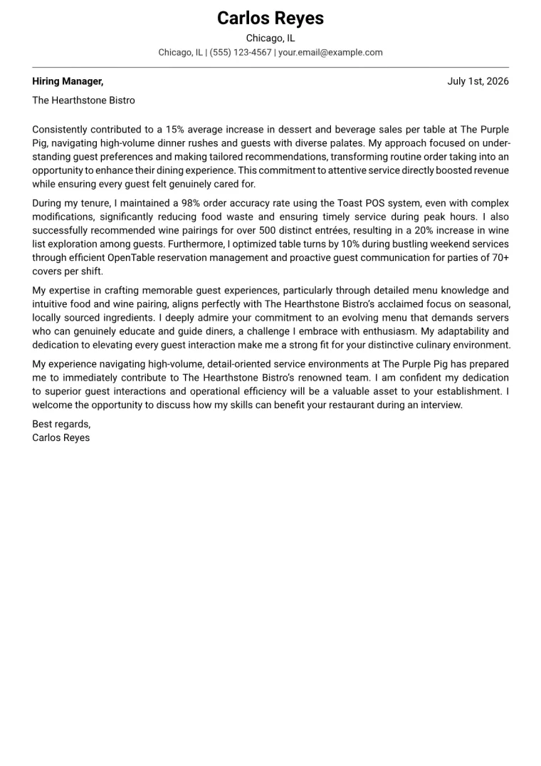 Food Server Cover Letter Example