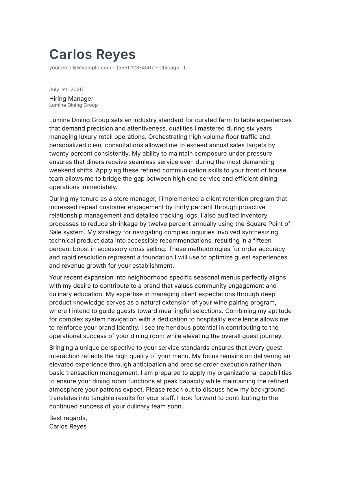 Food Server cover letter in the Minimal design