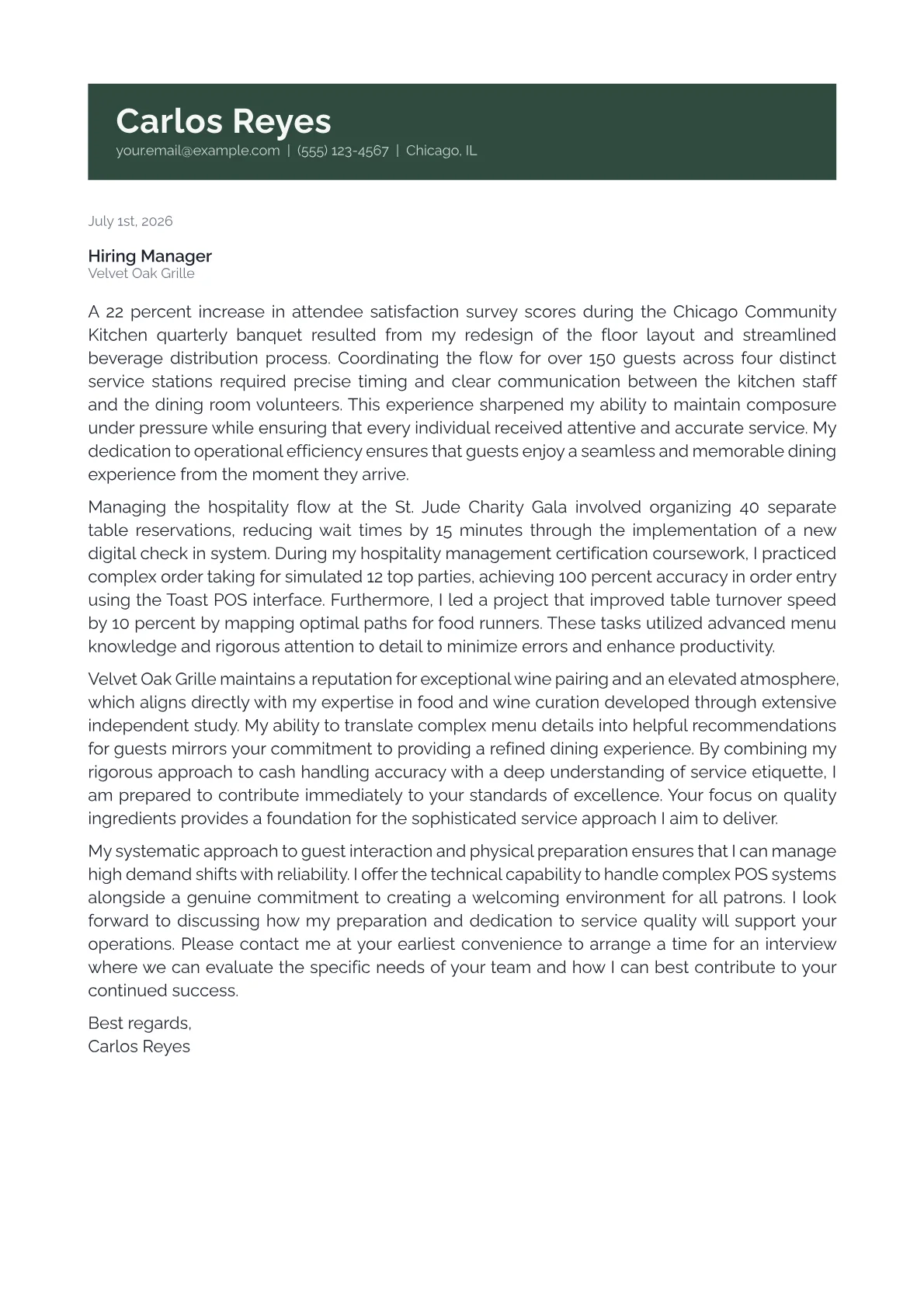 Food Server cover letter in the Banner design