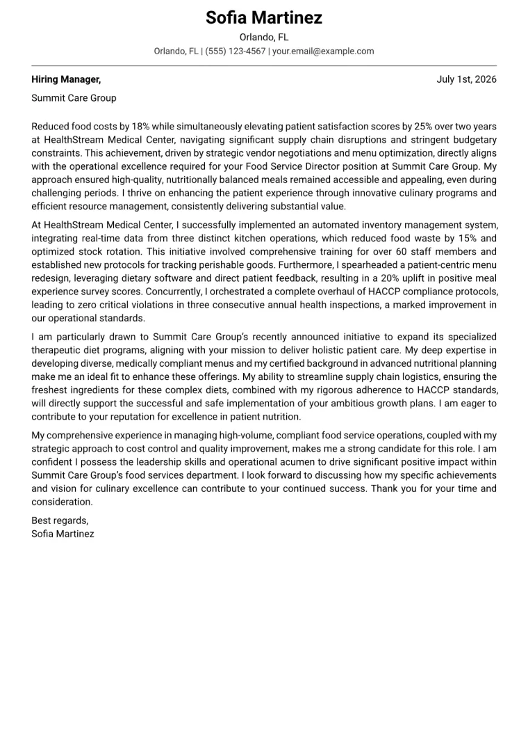 Food Service Director cover letter example preview
