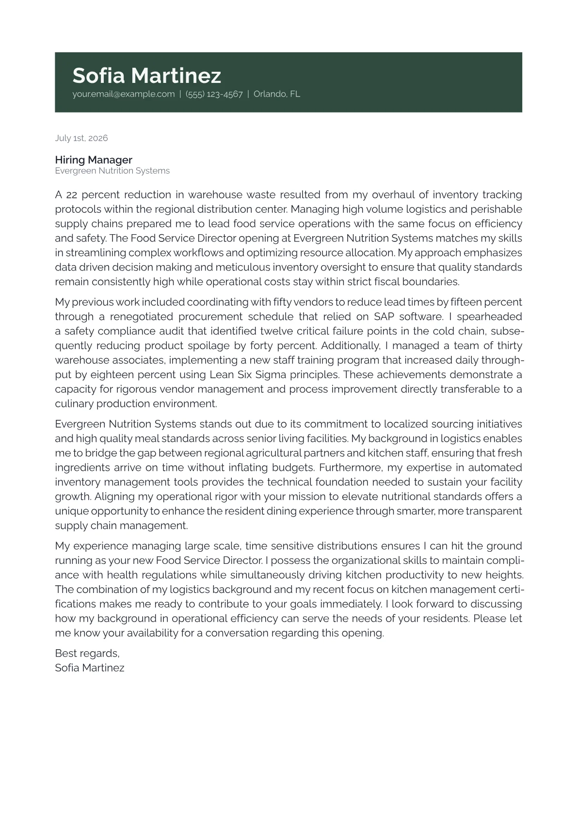 Food Service Director cover letter in the Banner design