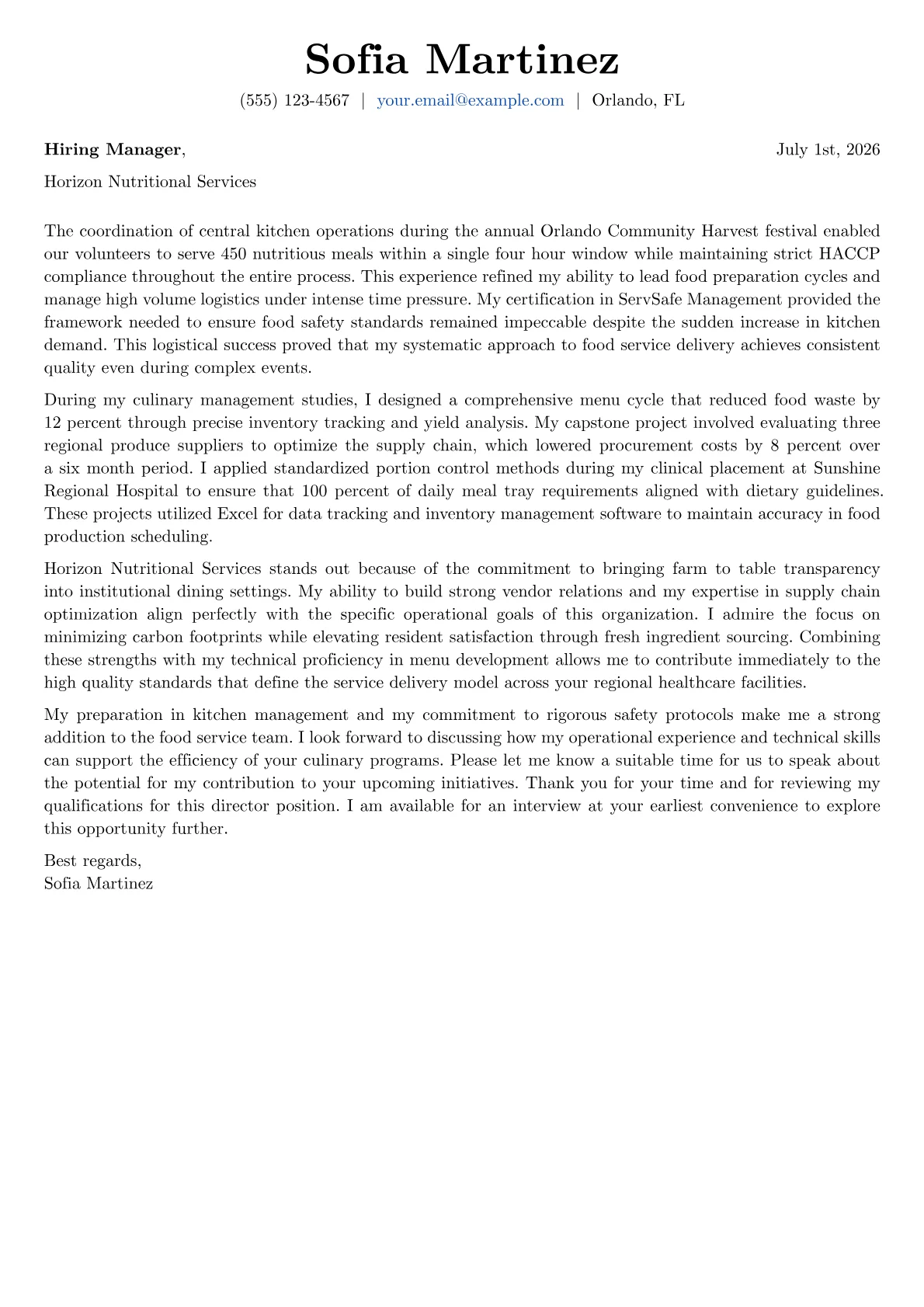 Food Service Director cover letter in the Basic design