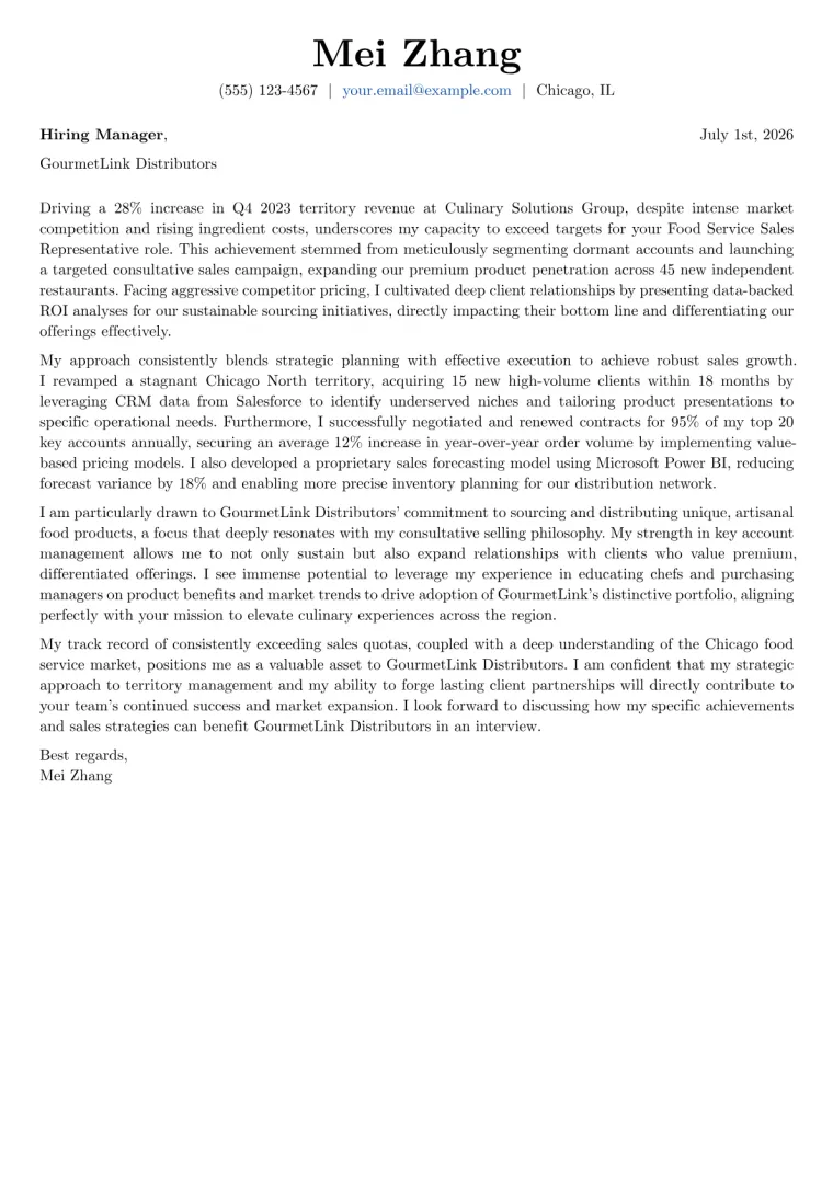 Food Service Sales Representative cover letter example