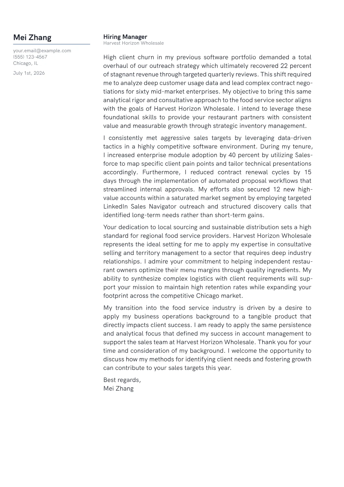 Food Service Sales Representative cover letter in the Margin design