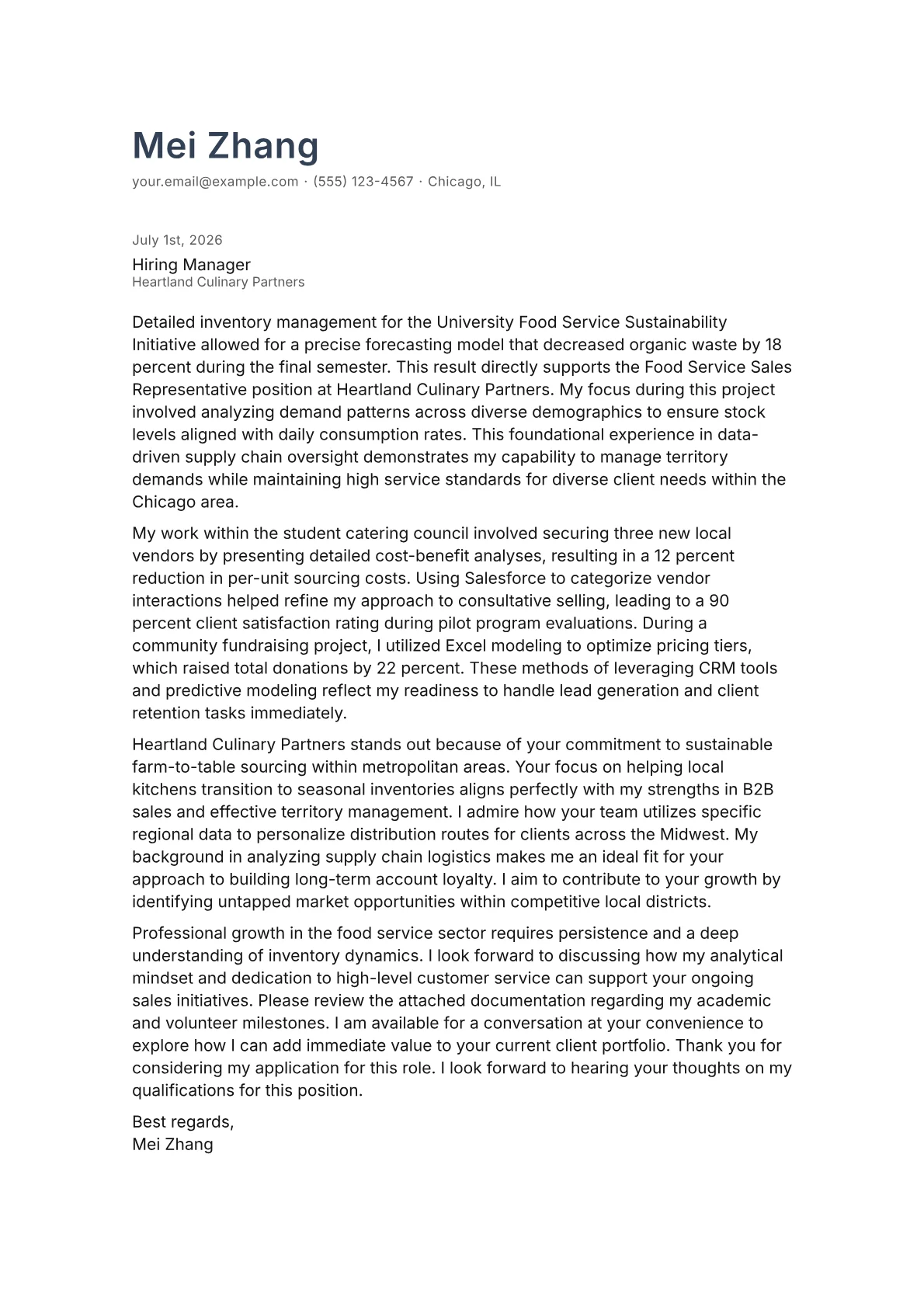 Food Service Sales Representative cover letter in the Minimal design