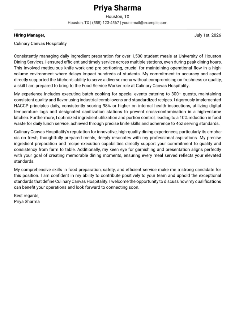 Food Service Worker Cover Letter Example