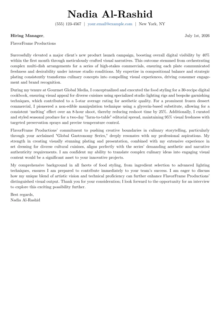 Food Stylist cover letter example preview