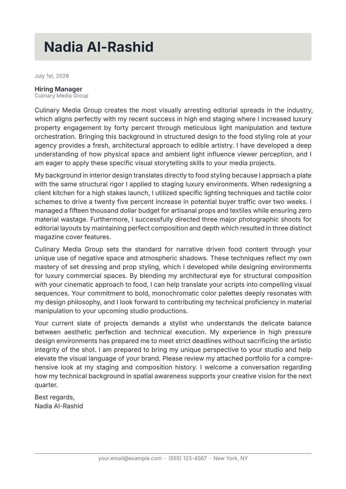 Food Stylist cover letter in the Letterhead design