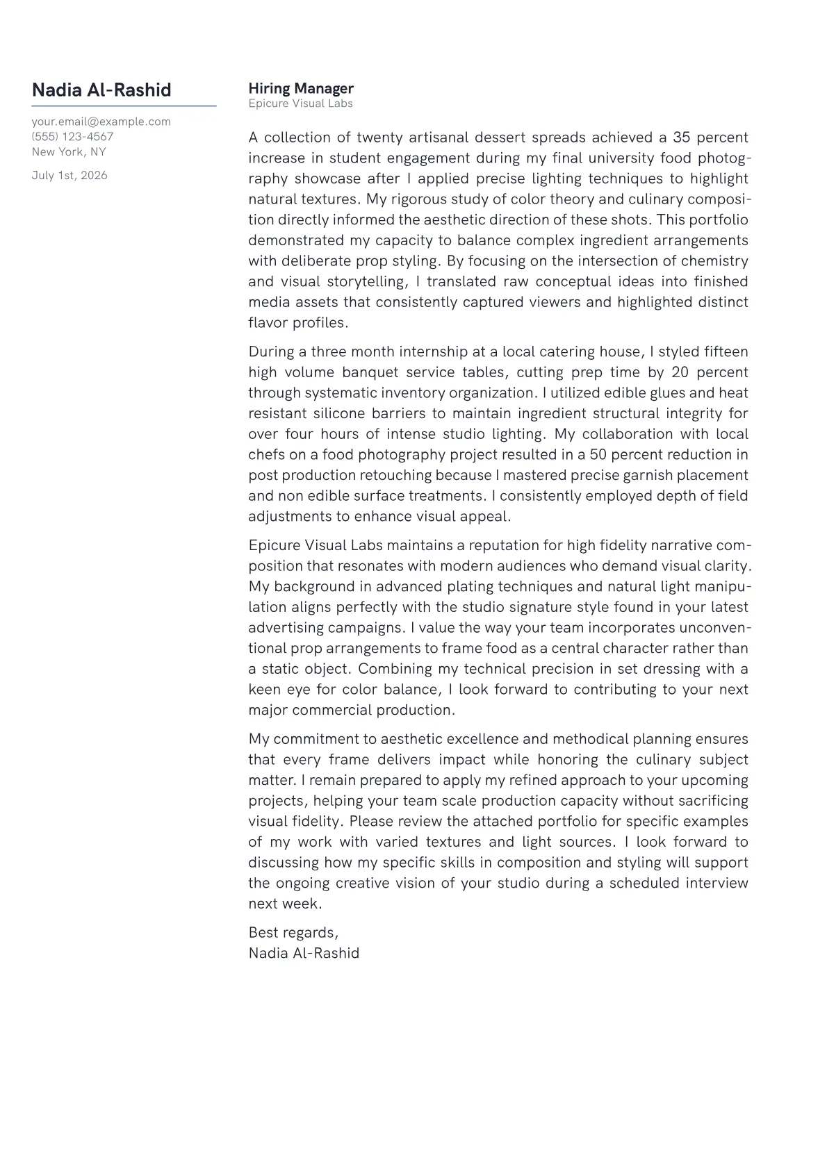 Food Stylist cover letter in the Margin design