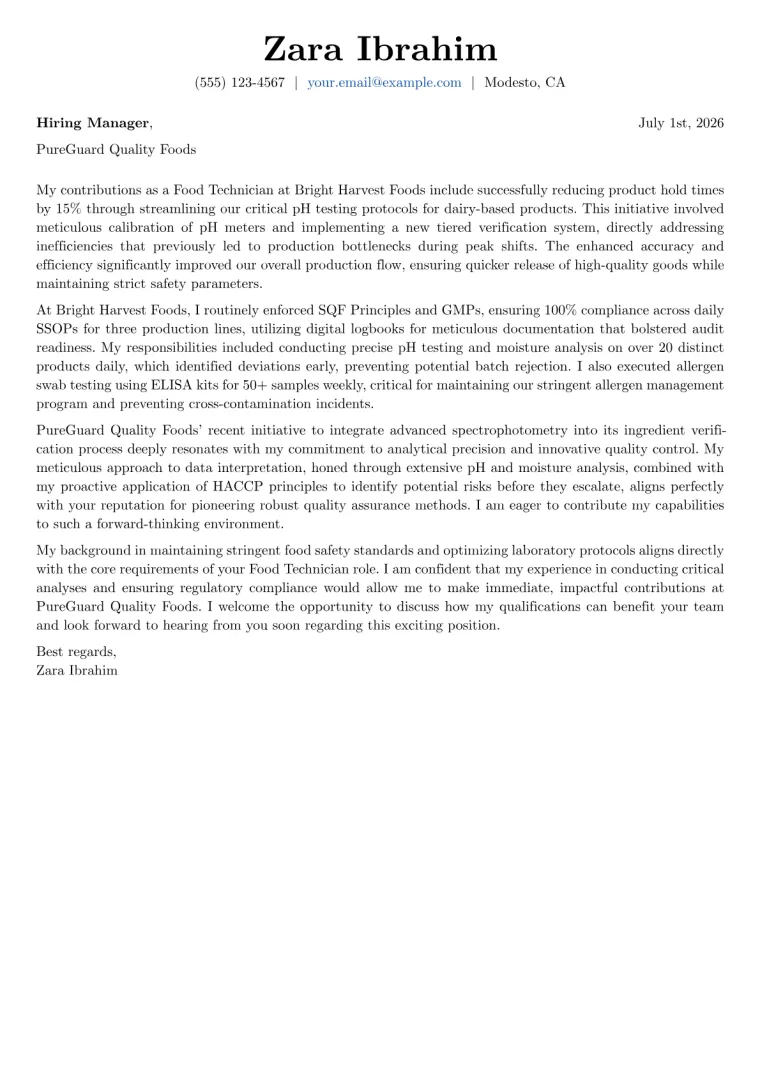 Food Technician cover letter example preview