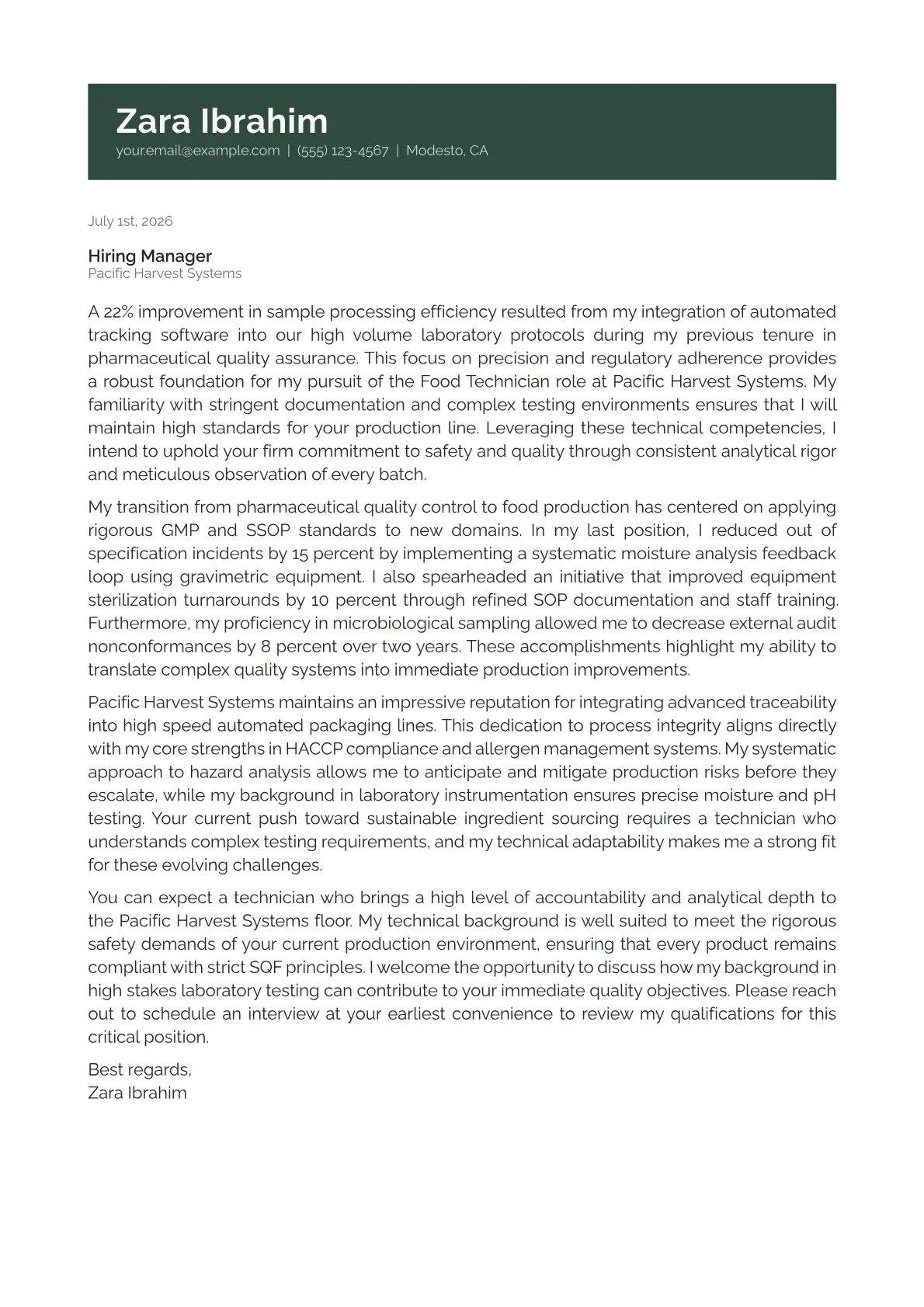 Food Technician cover letter in the Banner design