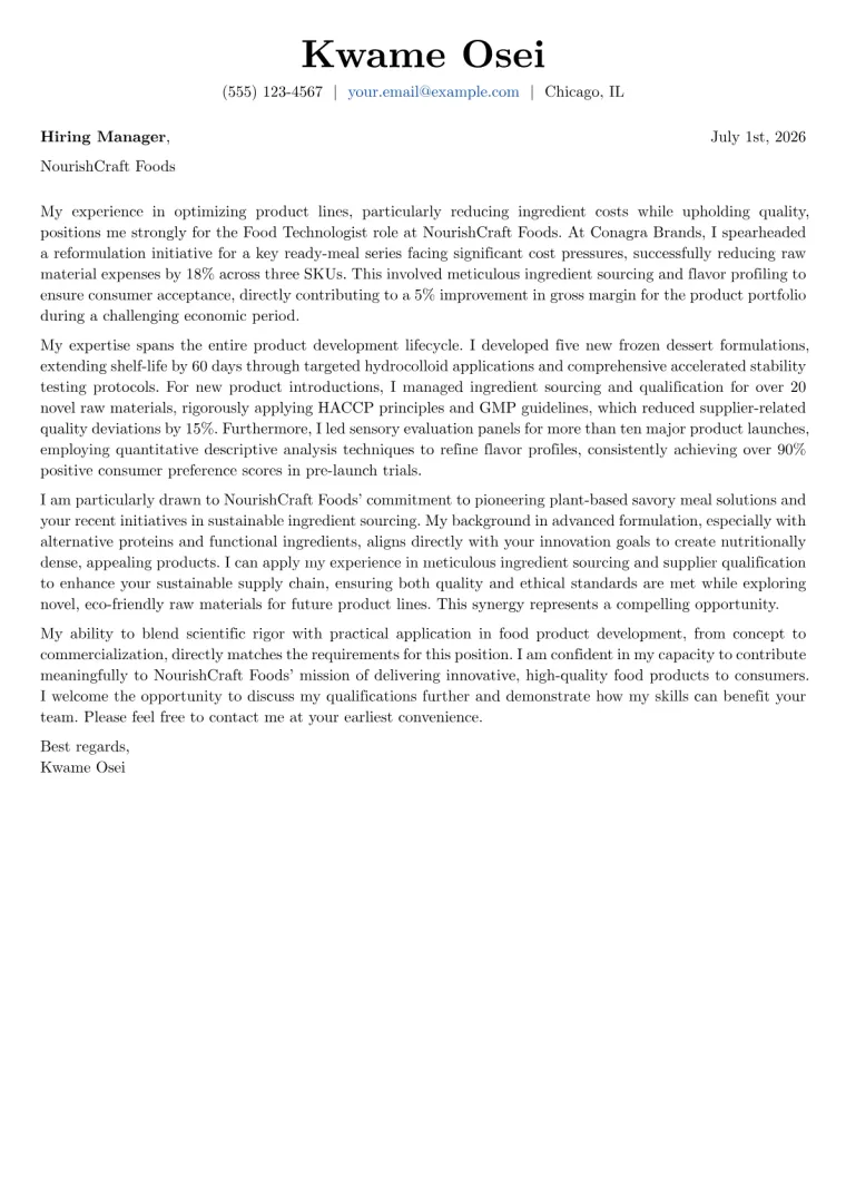 Food Technologist Cover Letter Example