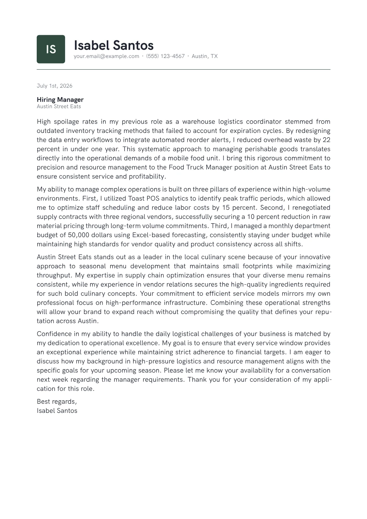 Food Truck Manager cover letter in the Emblem design