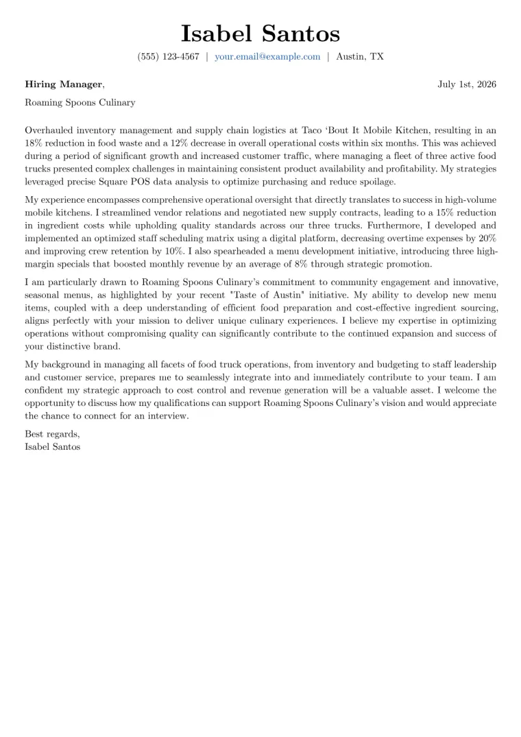 Food Truck Manager Cover Letter Example