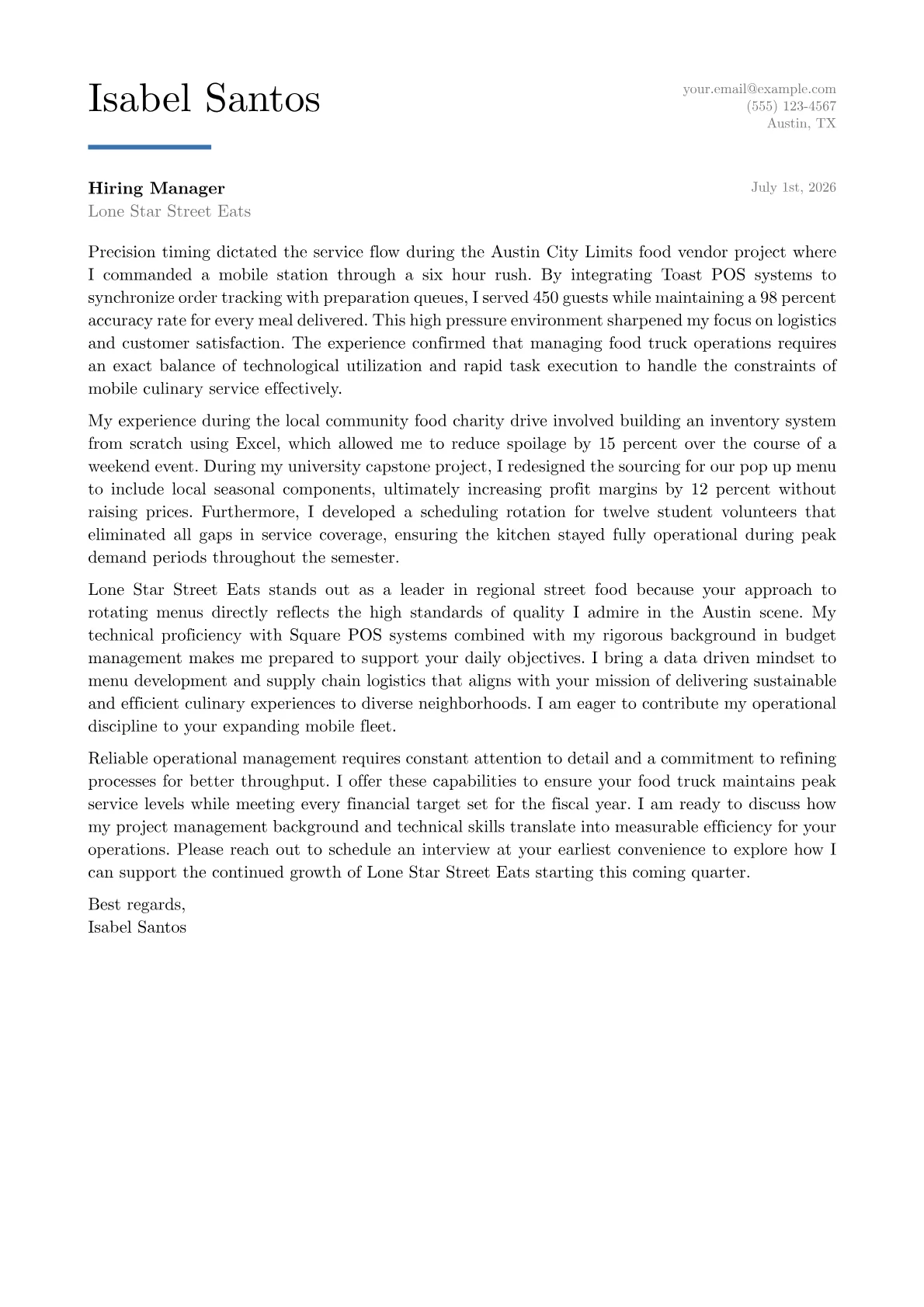 Food Truck Manager cover letter in the Executive design