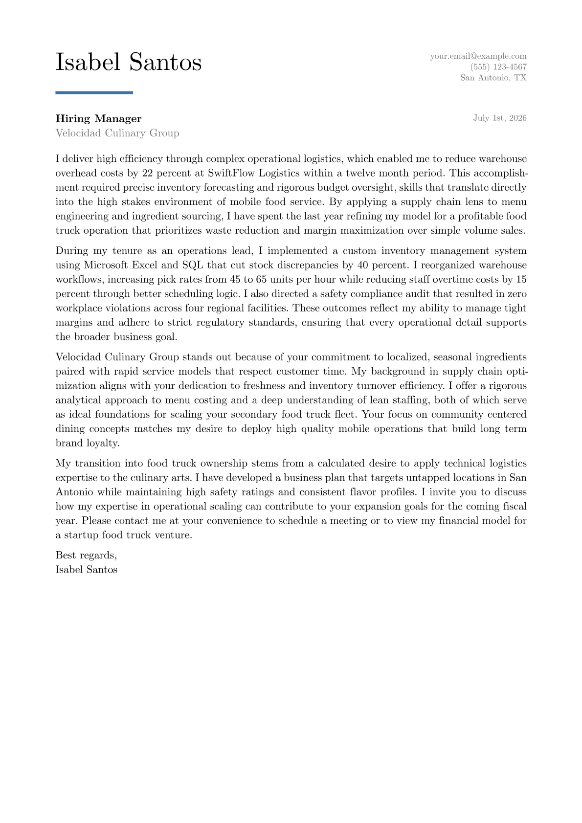 Food Truck Owner cover letter in the Executive design