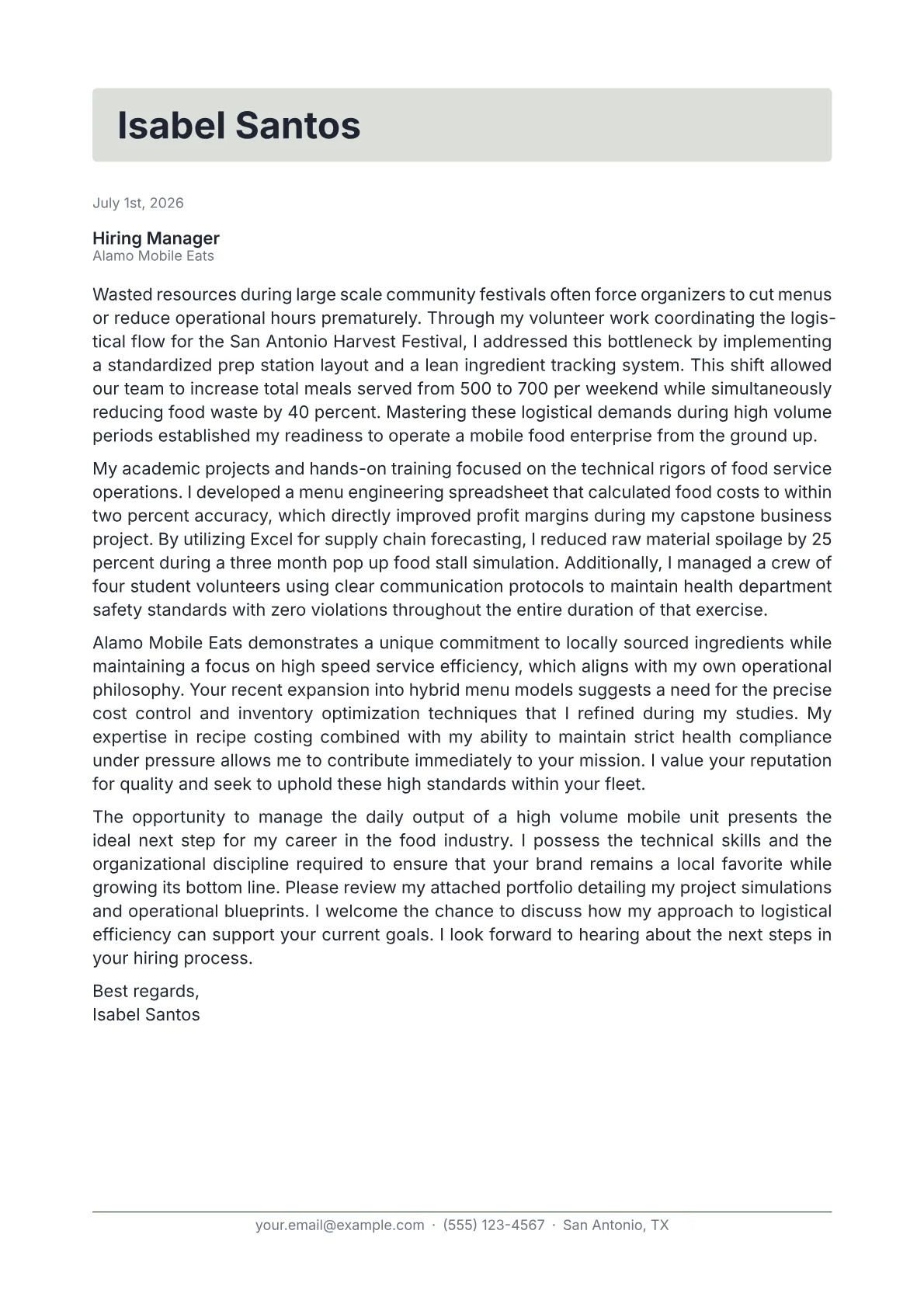 Food Truck Owner cover letter in the Letterhead design