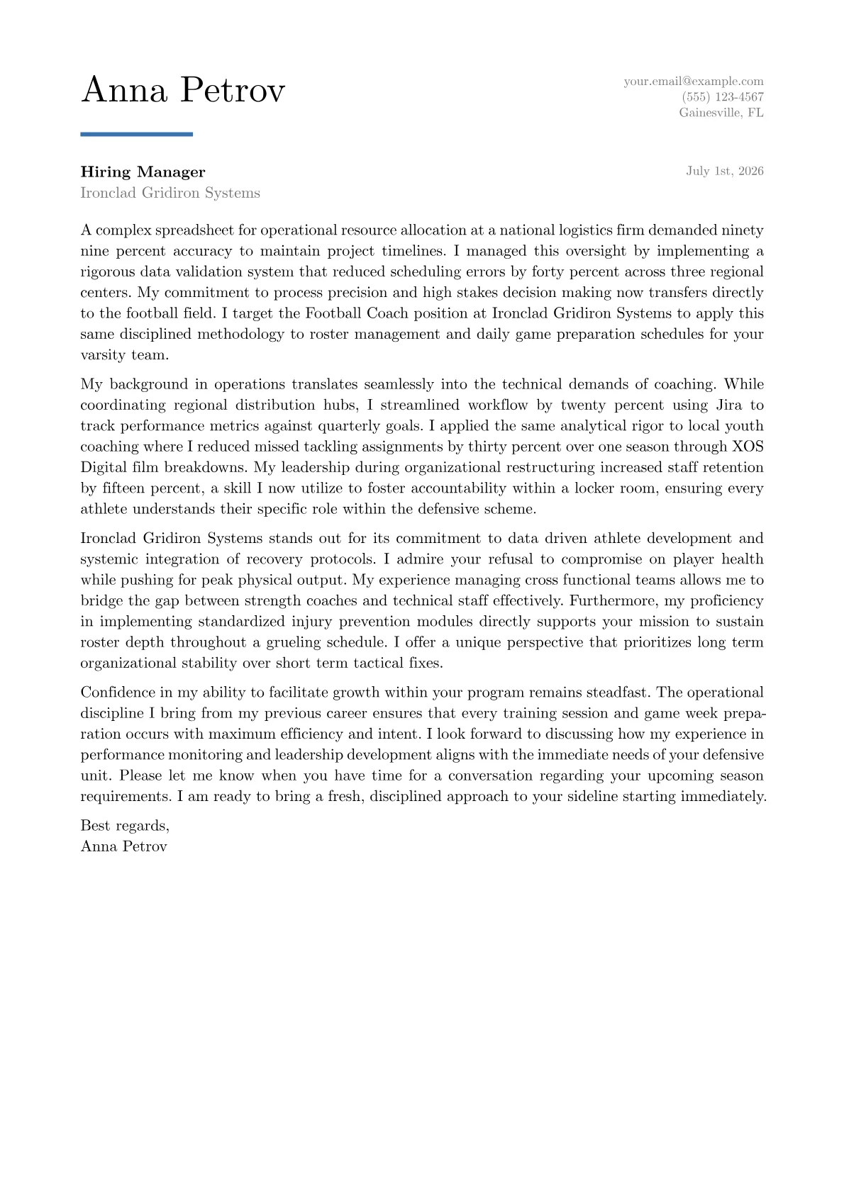 Football Coach cover letter in the Executive design