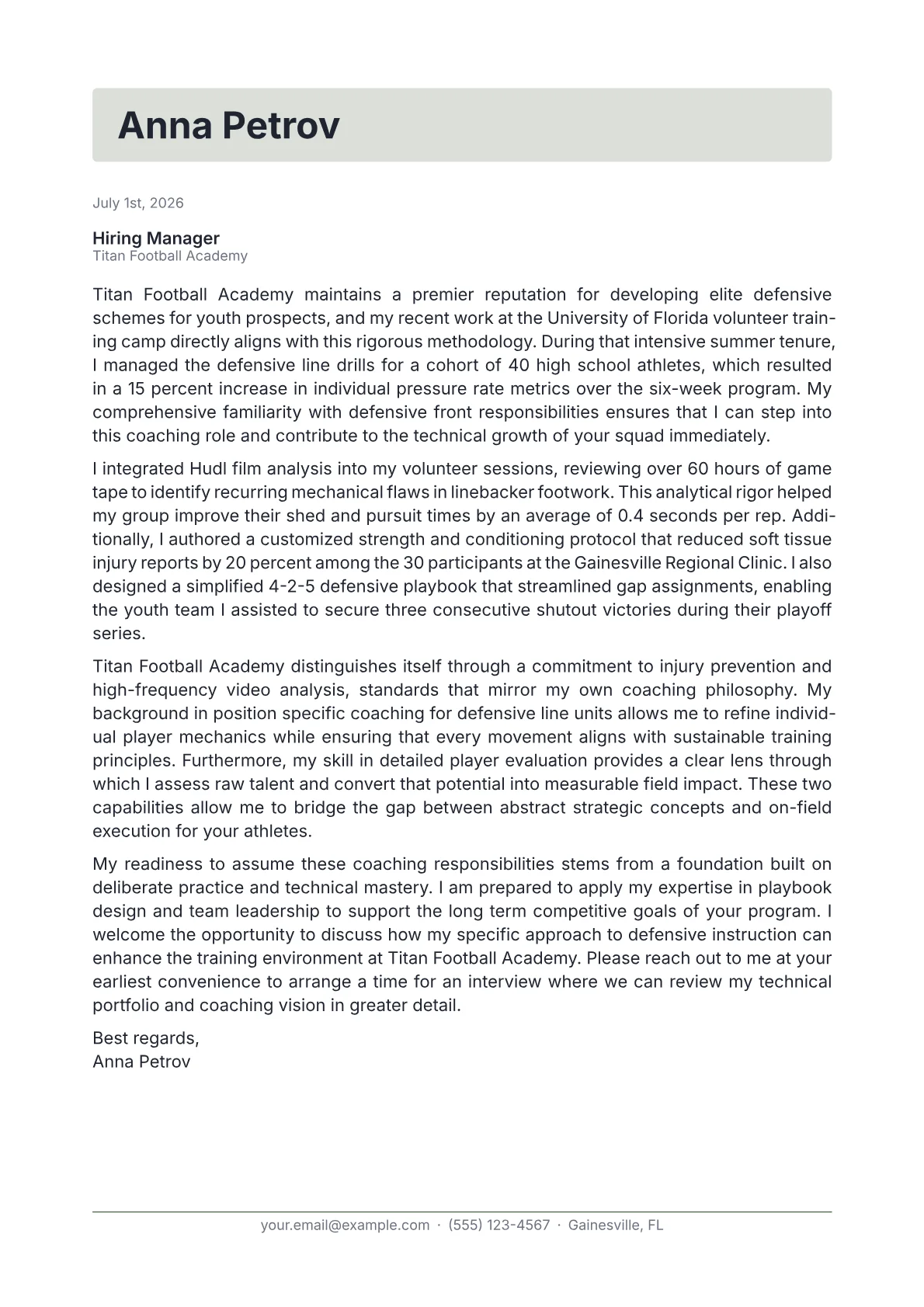 Football Coach cover letter in the Letterhead design