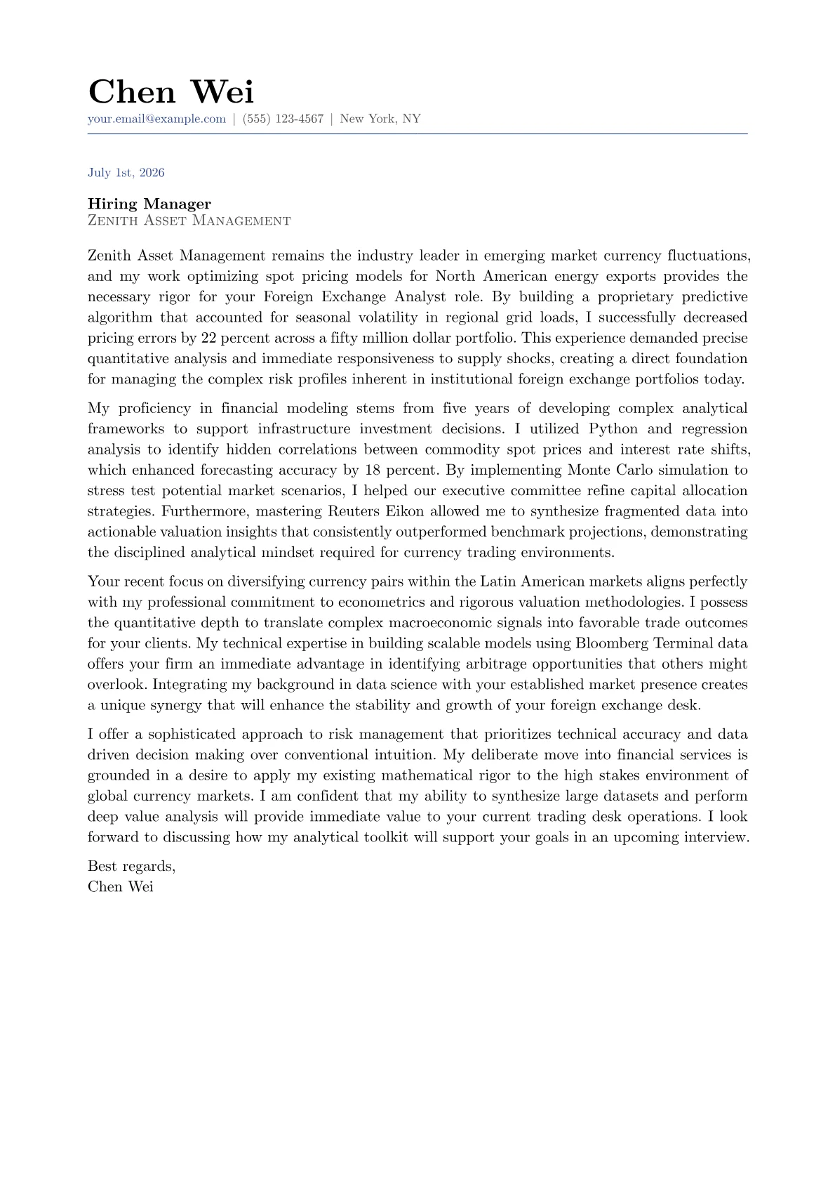 Foreign Exchange Analyst cover letter in the Classic design