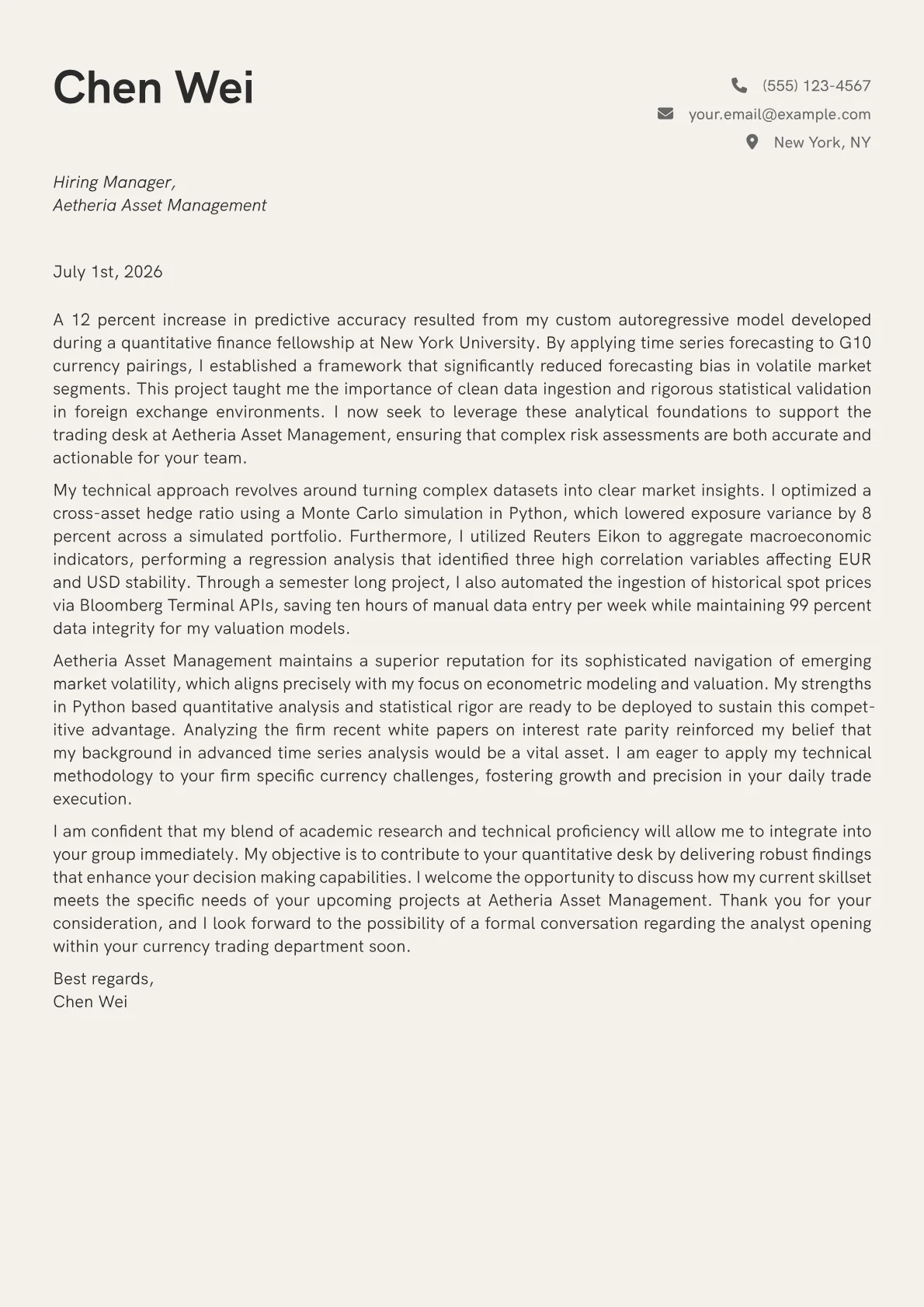 Foreign Exchange Analyst cover letter in the Creative design
