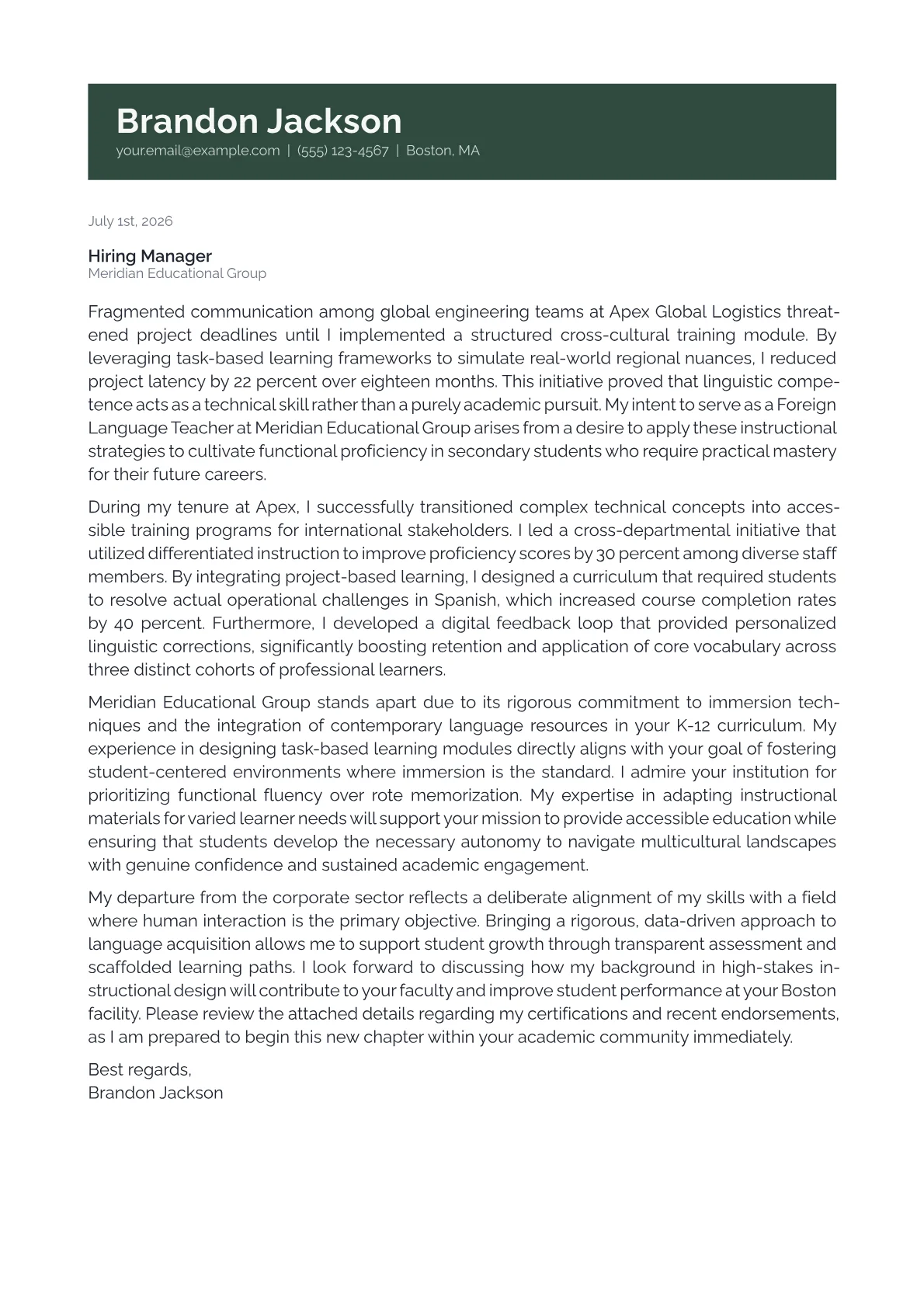 Foreign Language Teacher cover letter in the Banner design