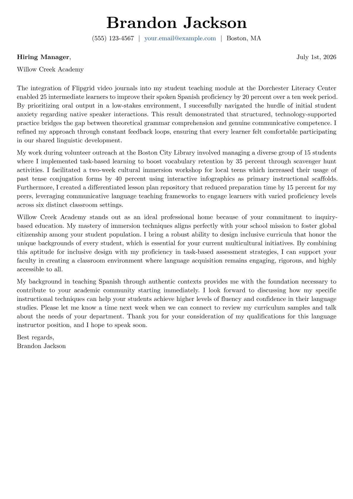 Foreign Language Teacher cover letter in the Basic design