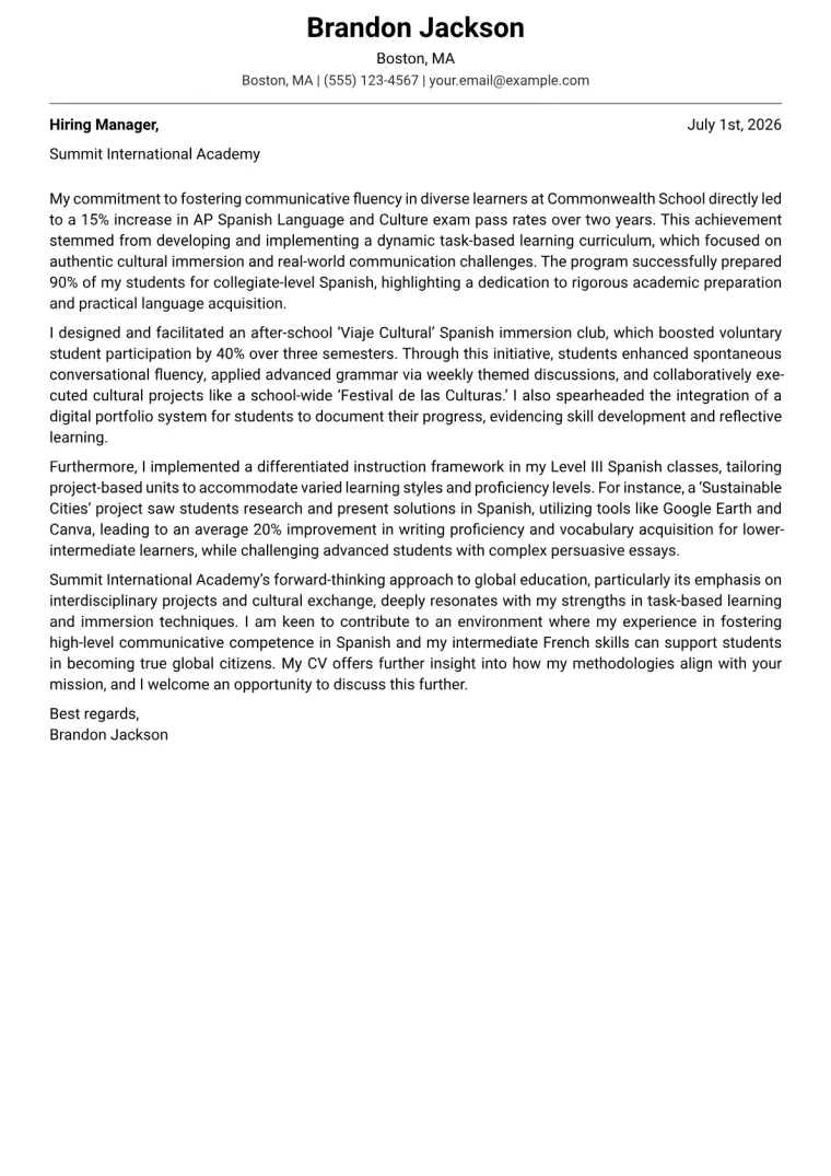 Foreign Language Teacher cover letter example preview