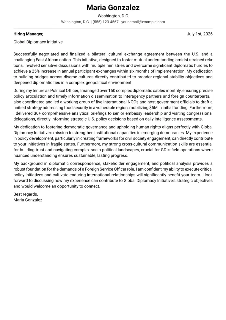 Foreign Service Officer cover letter example preview