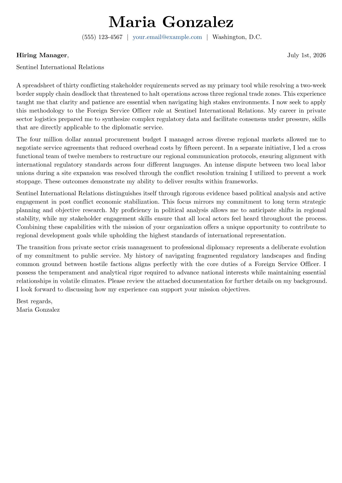 Foreign Service Officer cover letter in the Basic design