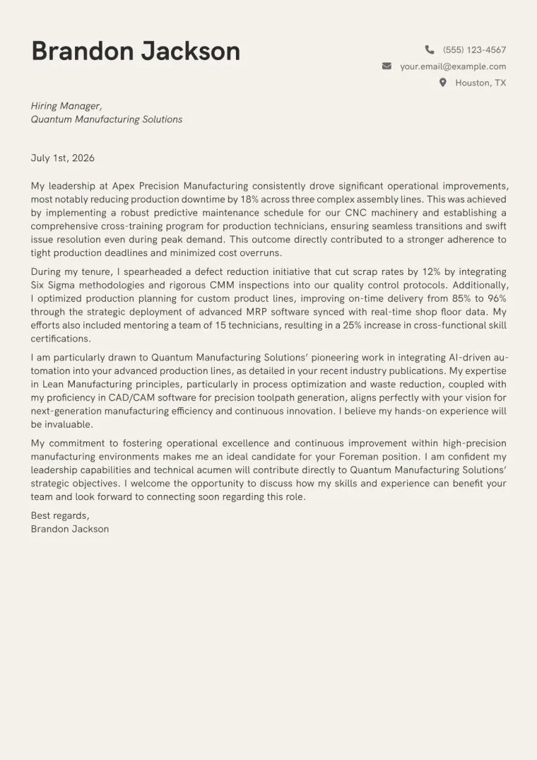 Foreman Cover Letter Example