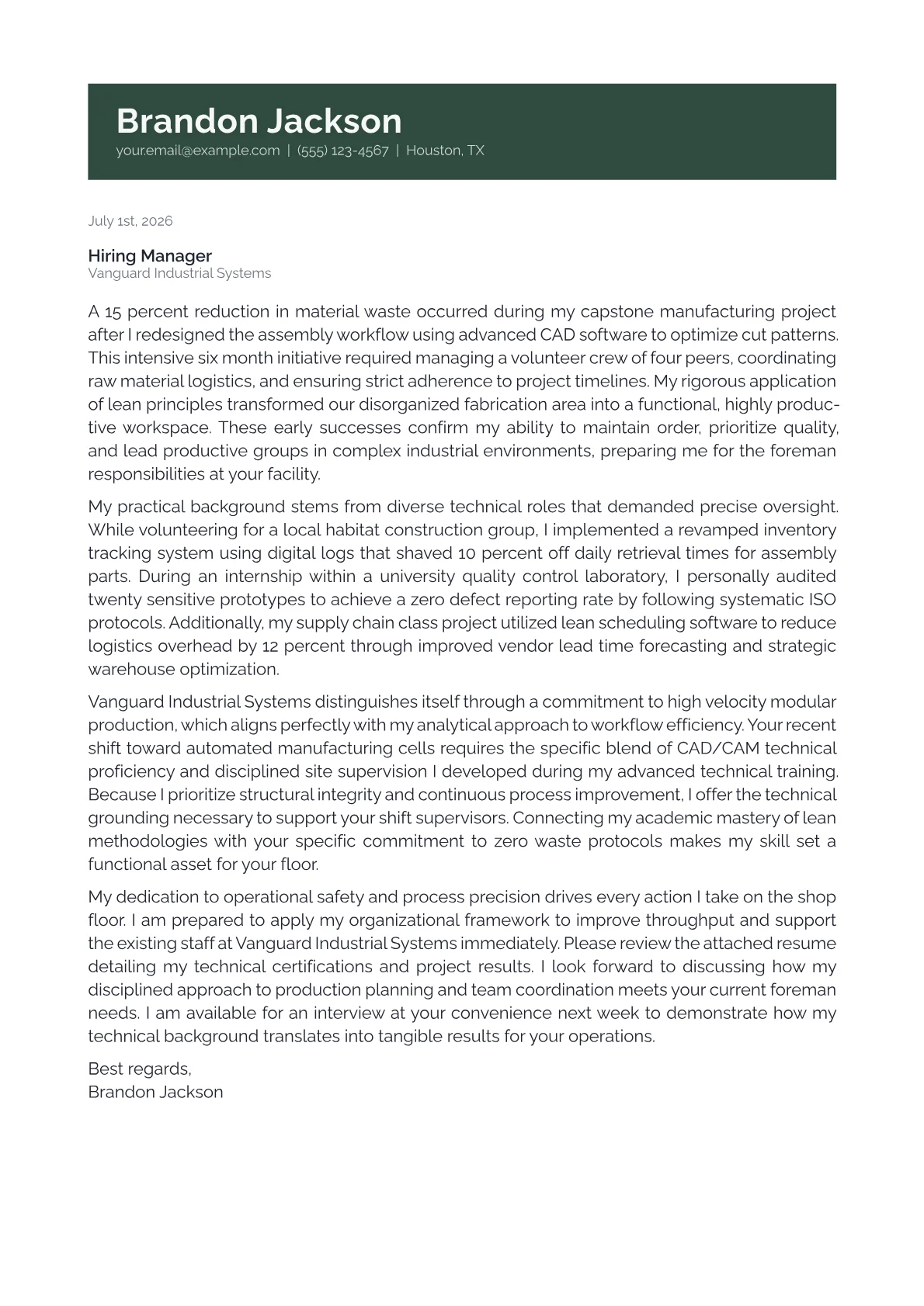 Foreman cover letter in the Banner design
