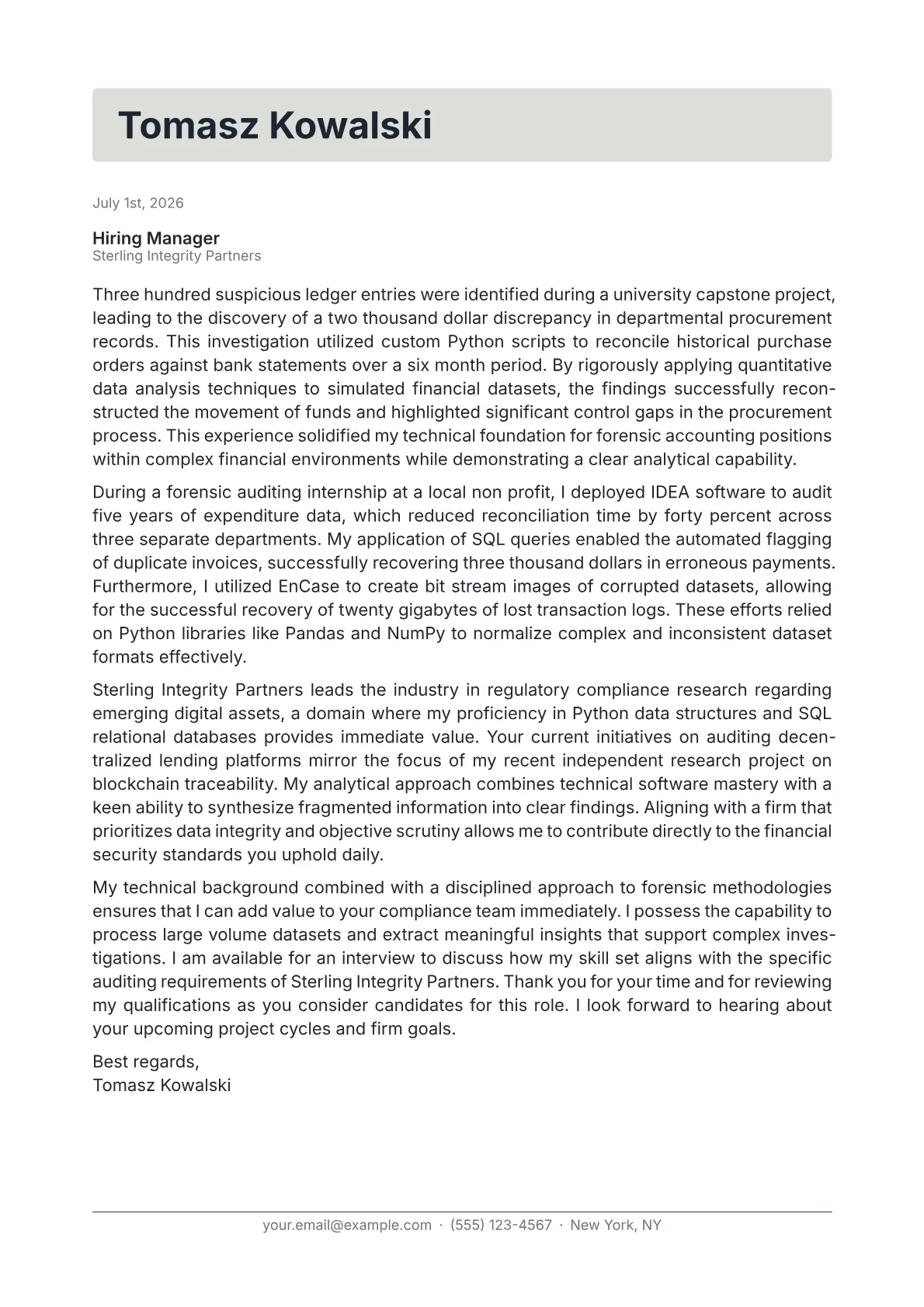 Forensic Accountant cover letter in the Letterhead design