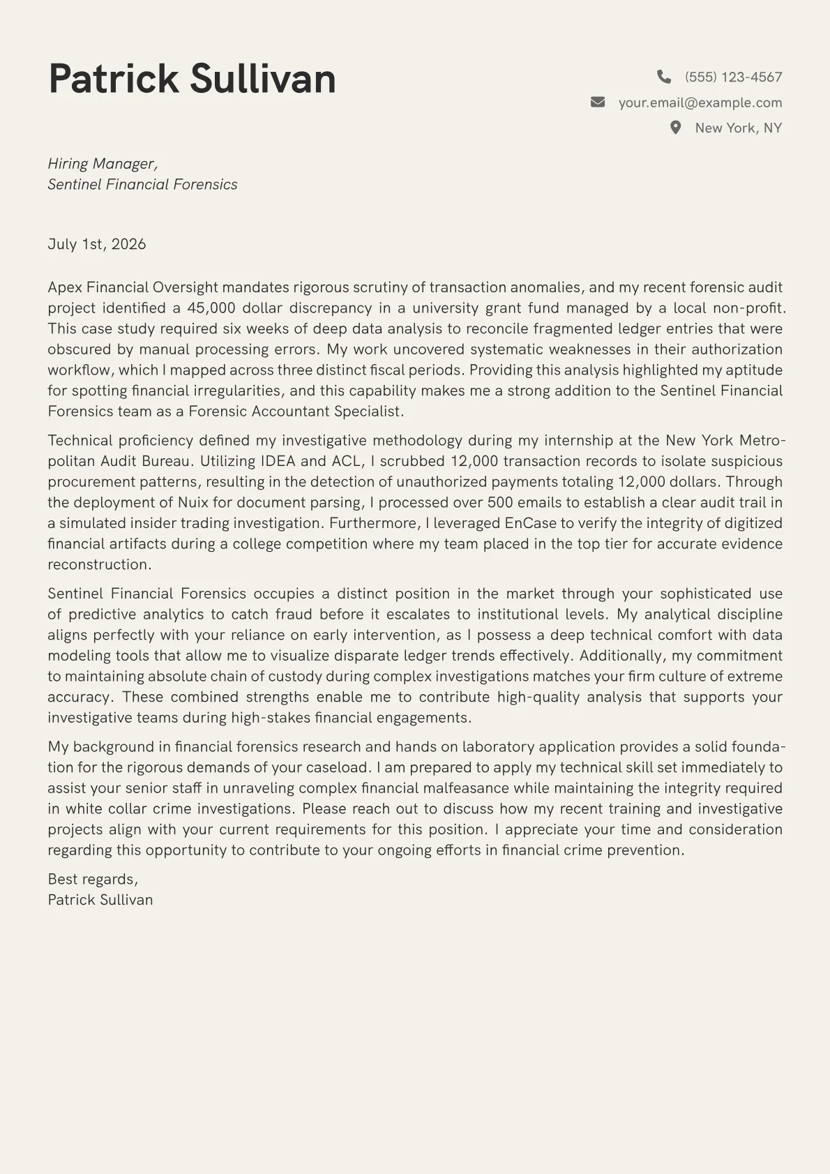 Forensic Accountant Specialist cover letter in the Creative design