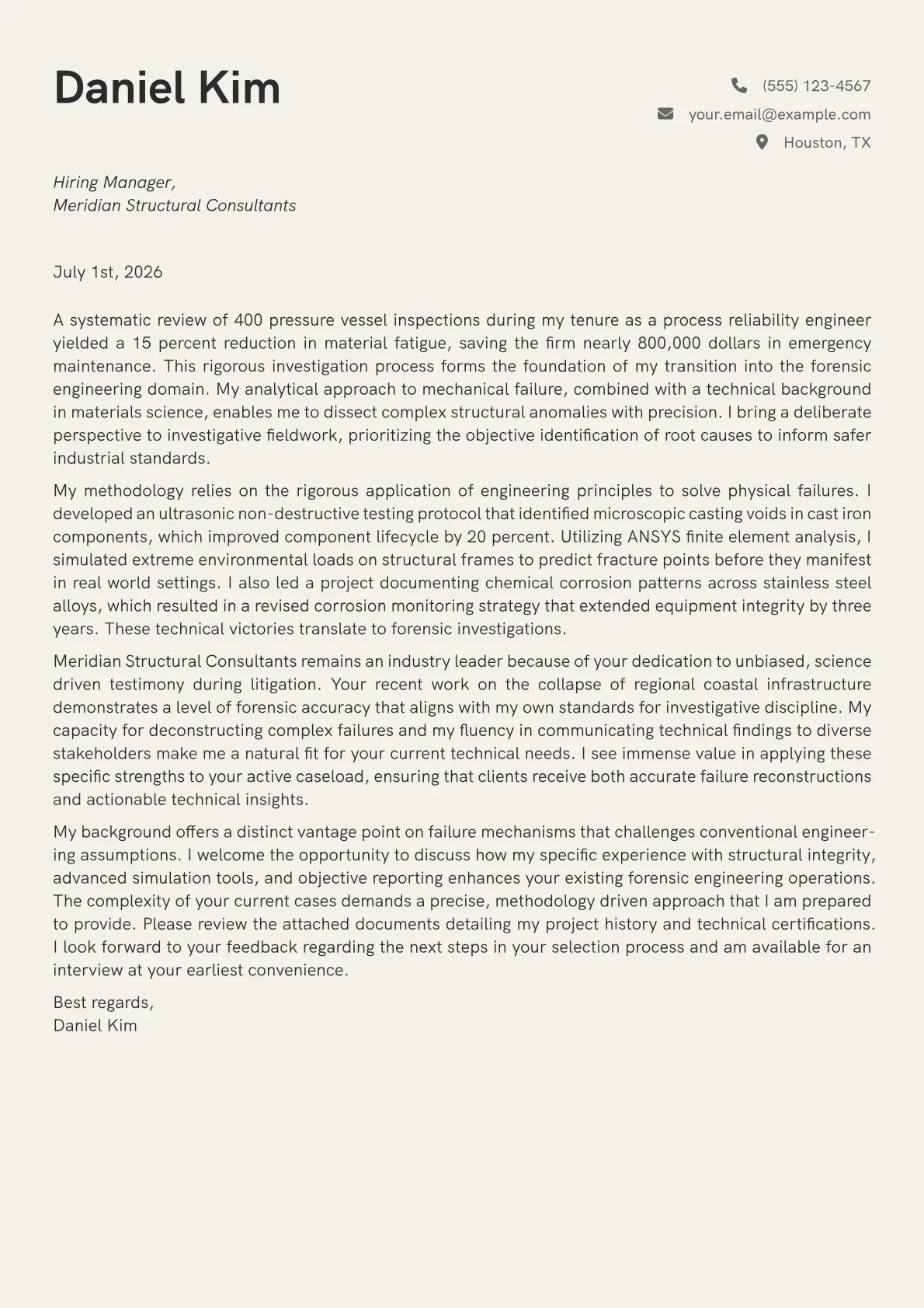 Forensic Engineer cover letter in the Creative design