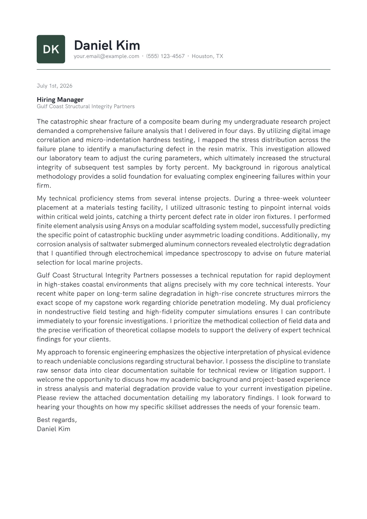 Forensic Engineer cover letter in the Emblem design