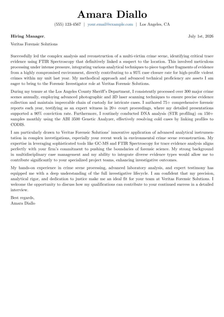 Forensic Investigator cover letter example