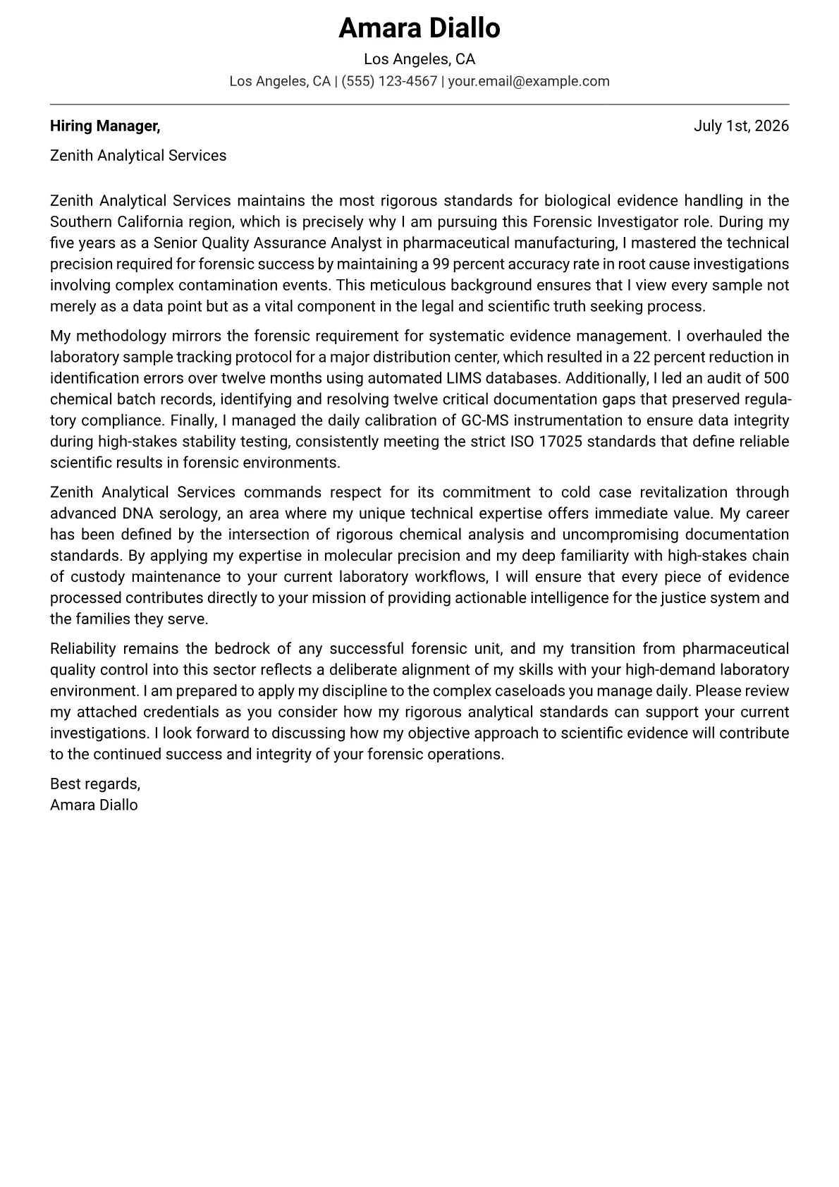 Forensic Investigator cover letter in the Modern design