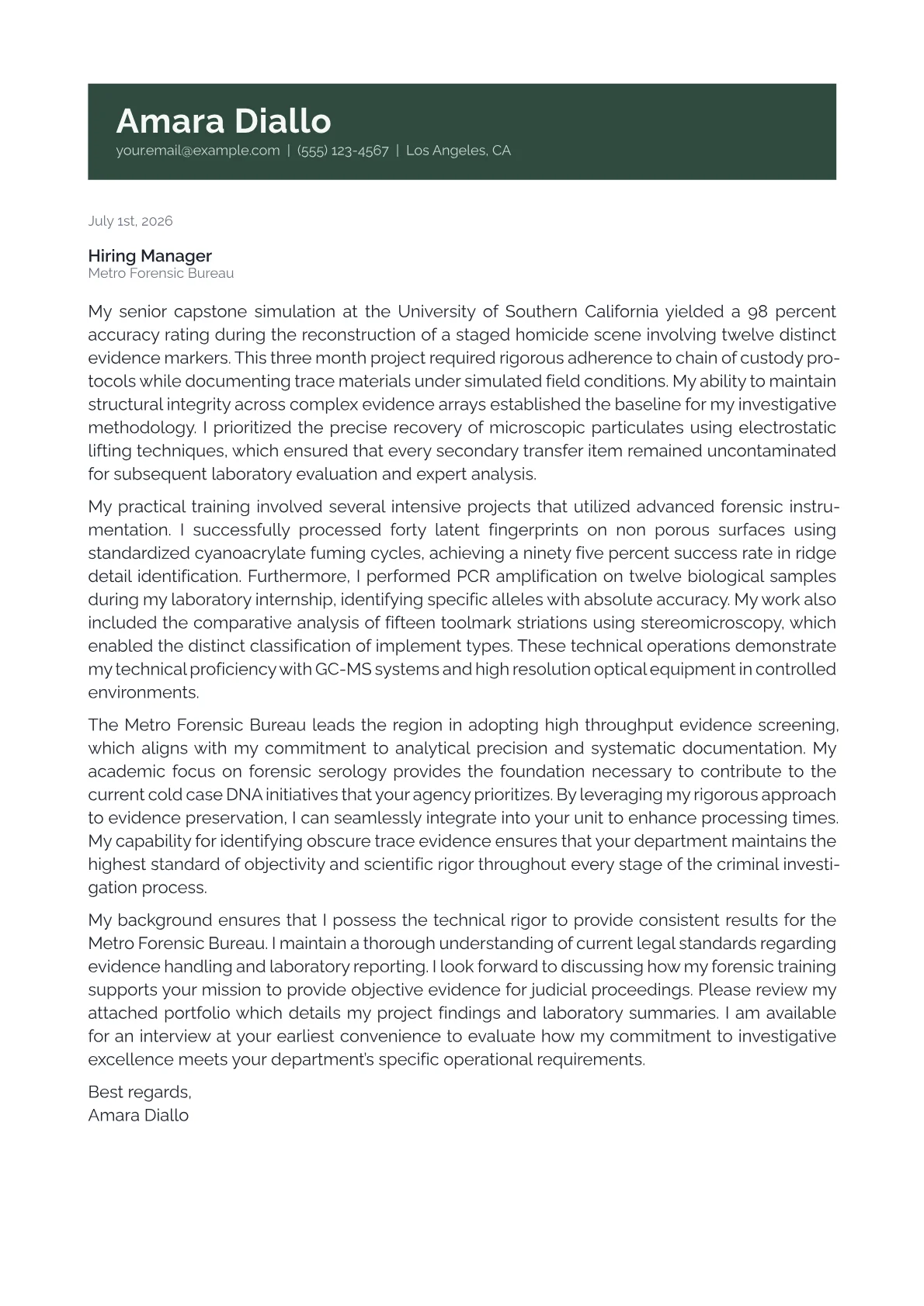 Forensic Investigator cover letter in the Banner design