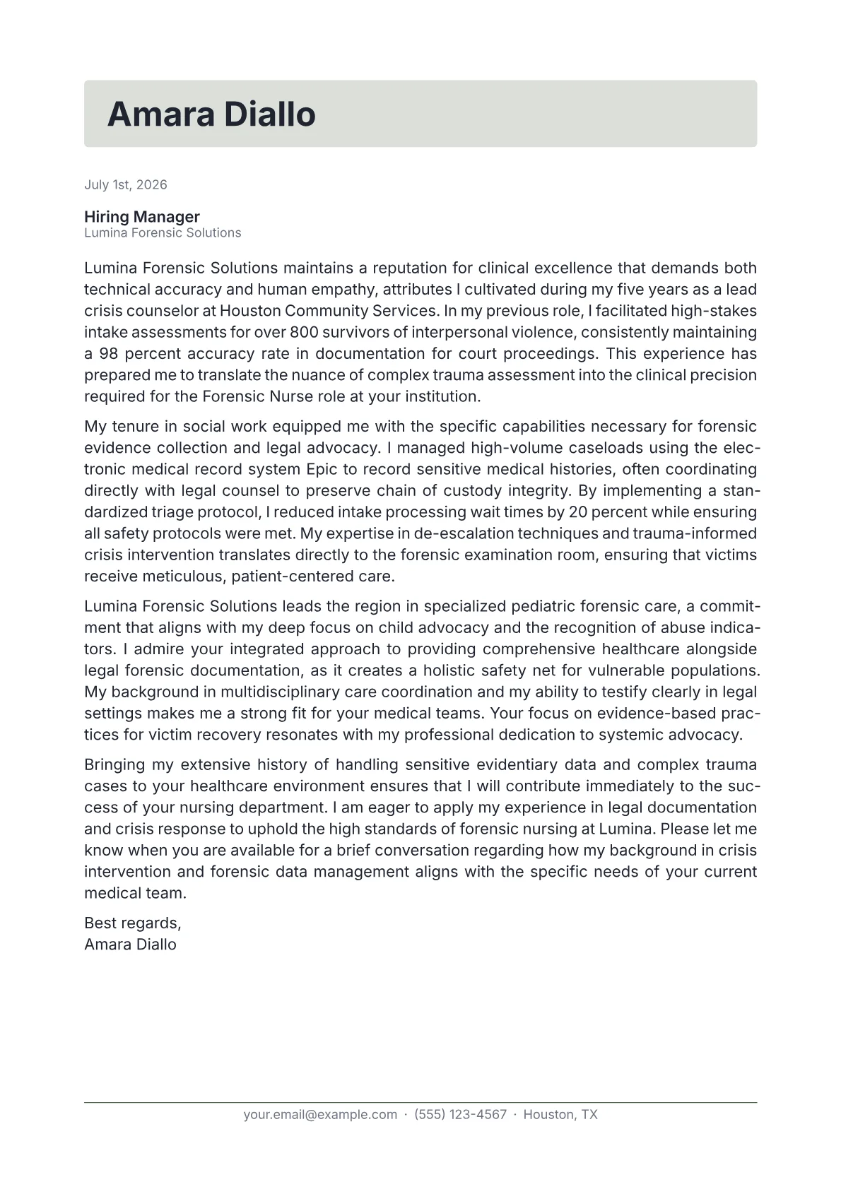 Forensic Nurse cover letter in the Letterhead design