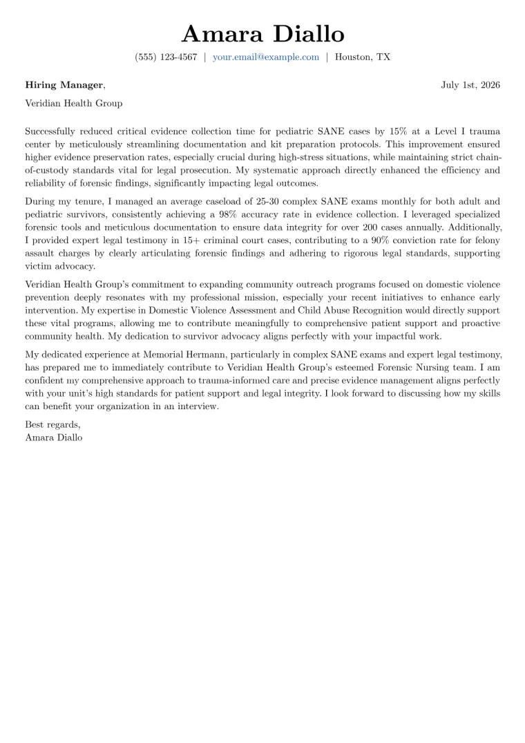 Forensic Nurse cover letter example preview