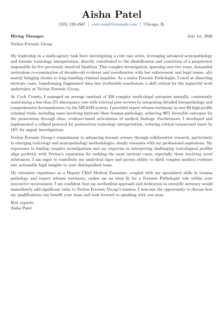 Forensic Pathologist cover letter example preview
