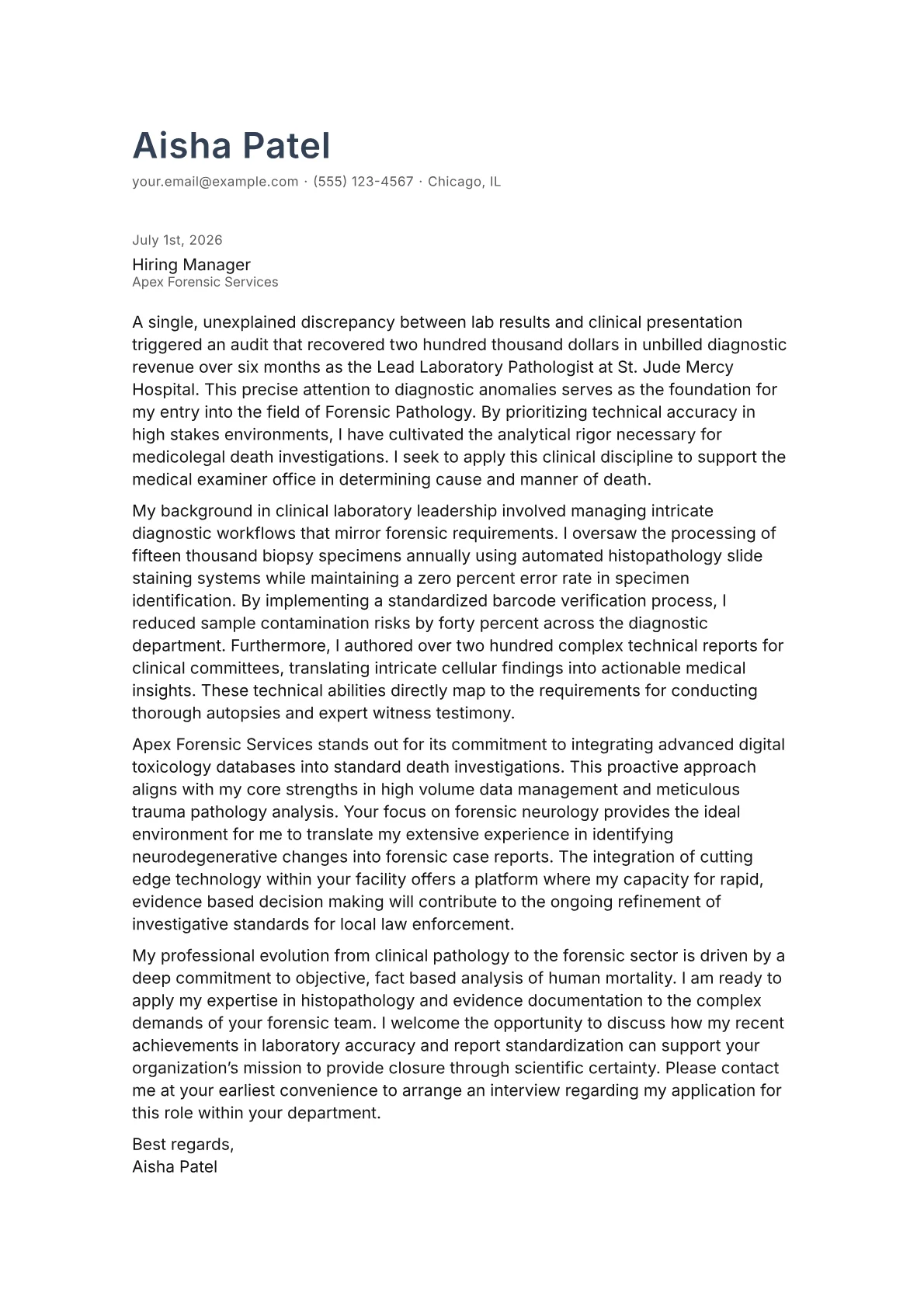 Forensic Pathologist cover letter in the Minimal design