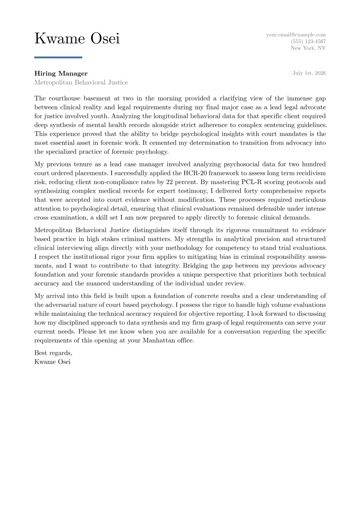 Forensic Psychologist cover letter in the Executive design