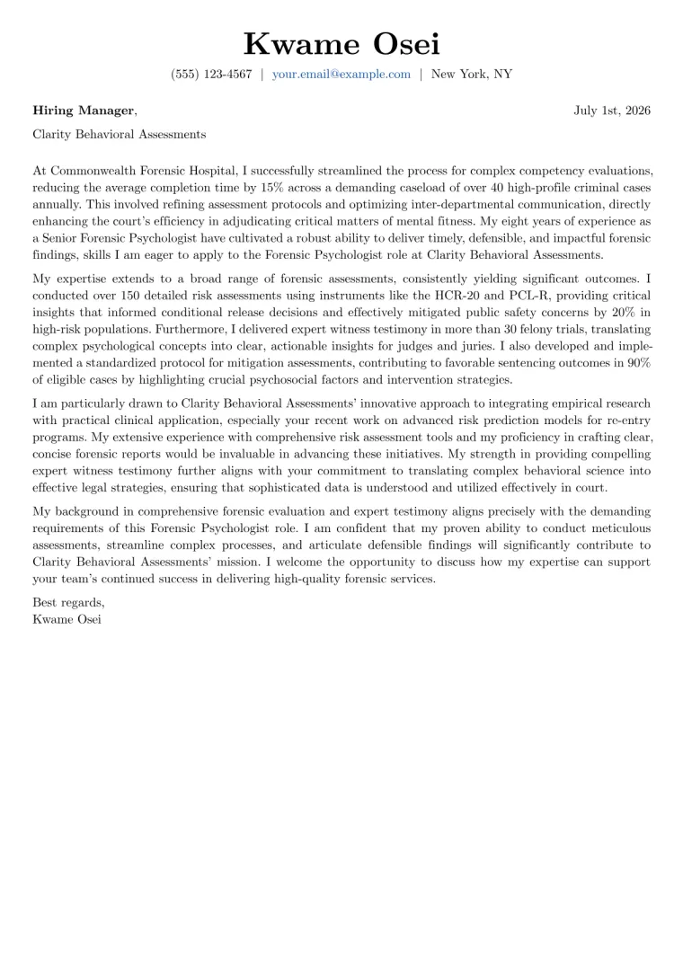 Forensic Psychologist cover letter example preview